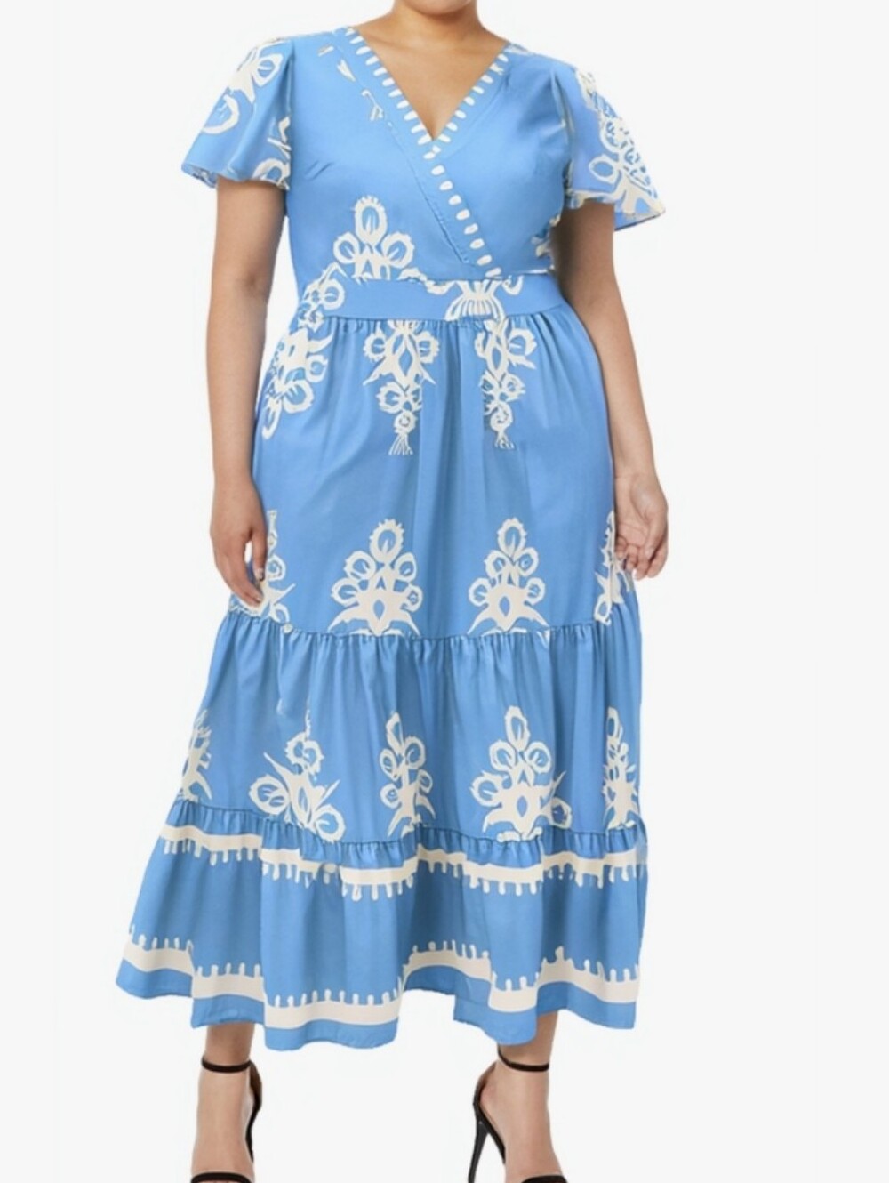 PRETTYGARDEN Summer Casual V Neck Boho Maxi Dress Flowy Aline Bell Sleeve